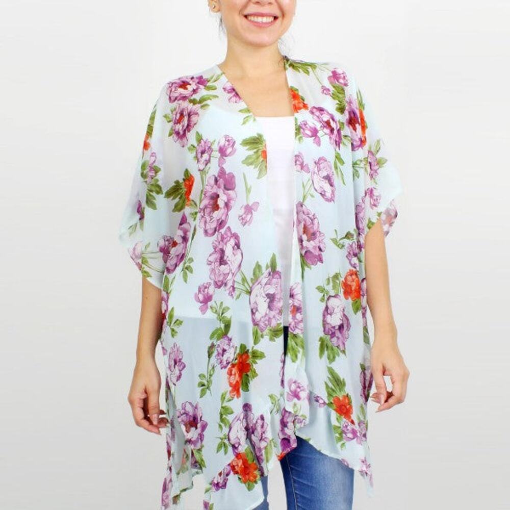 Floral Print Kimono with Ruffled Sleeves – Light Blue